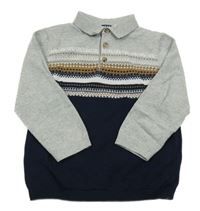 Tmavomodro-šedý vzorovaný lehký svetr s límečkem Next