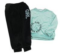 2 set - černé plyšové tepláky s nápisem + zelená plyšová mikina s nápisem 