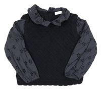 Tmavomodrý vzorovaný svetr s madeirovými rukávy a límečkem Next