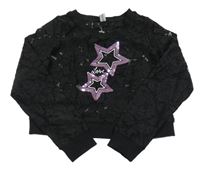 Černé crop krajkové triko s hvězdami z flitrů Yigga