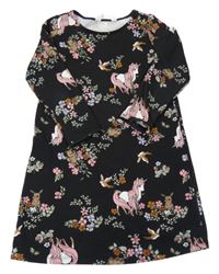 Černé teplákové šaty s jednorožci a ptáčky H&M