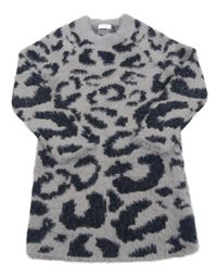 Šedo-černé chlupaté svetrové šaty s leopardím vzorem Next