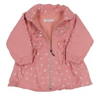 Růžový šusťákový zateplený kabát s motýlky a mašlí 