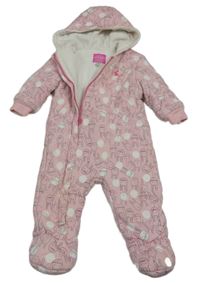 Růžová puntíkatá tepláková zateplená kombinéza s králíčky a kapucí Joules