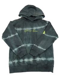 Antracitovo-zelená pruhovaná mikina s nápisem a kapucí 