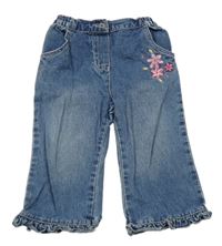 Tmavomodré široké rifle s květy a volánky 