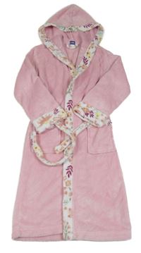 Růžovo-bílý plyšový župan s květovanými prvky a kapucí Lupilu