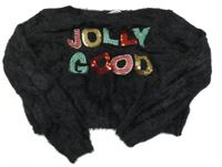 Černý chlupatý crop svetr s nápisem z flitrů 