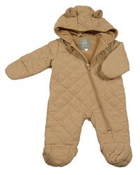 Béžová šusťáková prošívaná zateplená kombinéza s kapucí F&F