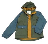 Khaki-šedomodro-hořčicová voděodolná jarní bunda s kapucí 