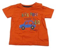 Červené tričko s autem a nápisy 