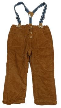 Hnědé podšité manšestráky s kšandami 