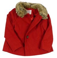 Červený flaušový zateplený kabát s kožíškem F&F