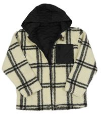 Nové- Smetanovo-černá kostkovaná huňatá zateplená bunda s kapucí Dunnes