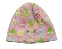 Růžová bavlněná oboustranná čepice se sovičkami