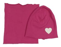 2set- malinová žebrovaná čepice se srdíčkem+ nákrčník