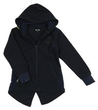 Černo-modrá melírovaná propínací mikina s nášivkou a kapucí 