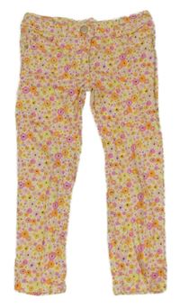 Bílé květinové plátěné slim kalhoty 