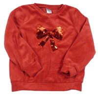 Červená plyšová mikina s mašlí z flitrů 