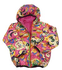 Růžovo-barevná šusťáková zimní bunda s obrázky a kapucí 