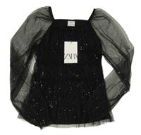 Nové - černé společenské tylové třpytivé triko Zara