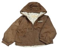 Hnědá šusťáková jarní bunda s nápisem a kapucí 