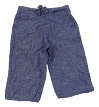 Tmavomodré melírované lněné culottes kalhoty s mašlí 
