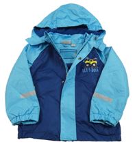 Tmavomodro-tyrkysová šusťáková jarní bunda s monster truck a kapucí Impidimpi