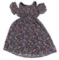 Černé kytičkované šifonové šaty s volnými rameny Page one young