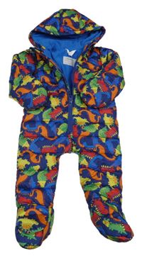 Tmavomodrá šusťáková prošívaná zimní kombinéza s dinosaury a kapucí M&Co.
