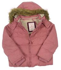Růžová pruhovaná šusťáková zimní bunda s kapucí s kožešinou FAT FACE
