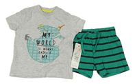 2Set - Světlešedé melírované tričko s mapou + tmavozeleno/hnědé pruhované kraťasy F&F