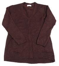 Kaštanový melírovaný vlněný propínací dlouhý svetr H&M