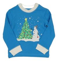 Modro-bílé žebrované pyžamové triko s vánočním stromečkem a sněhuláčkem LEIGH TUCKER