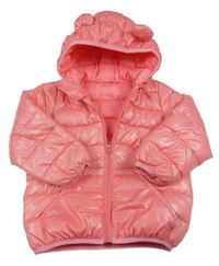 Růžová prošívaná šusťáková zateplená bunda s kapucí s oušky