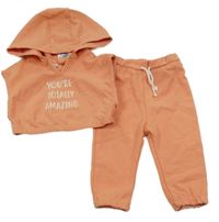 2Set - Lososové teplákové bolérko s nápisy a smajlíkem a kapucí + tepláky LC WaIKIKI