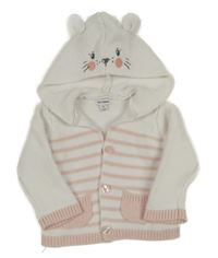 Bílo-světlerůžový pruhovaný propínací svetr s kapucí s čumáčkem Pat&Ripaton