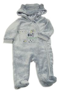 Modro-bílá plyšová kombinéza s medvídkem a kapucí s oušky BABY