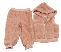 2Set - Světlerůžová chlupatá vesta se srdíčky a kapucí + kalhoty