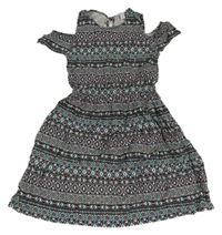 Černo-bílo-jadeitovo-starorůžovo-modré vzorované šaty s volnými rameny PRIMARK