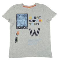 Světlešedé melírované tričko se surikatami a nápisy Kids