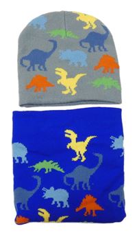 2Set - Šedá pletená čepice s barevnými dinosaury + safírový nákrčník