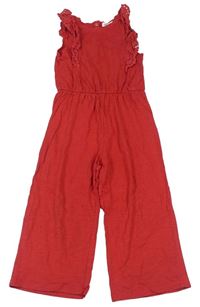 Červený bavlněný kalhotový overal s volány s madeirou H&M