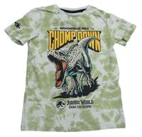 Zeleno-bílé batikované tričko s nápisem a dinosaurem Jurský svět Tu