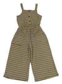 Černo-okrovo-bílý pruhovaný žebrovaný culottes overal s knoflíky Matalan