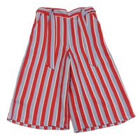 Světlemodro-červeno-bílé pruhované culottes kalhoty s páskem