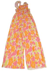 Světlerůžovo-oranžovo-růžový květovaný plisovaný culottes overal Zara