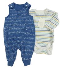 2set - Modré laclové tepláky s dopravními prostředky + smetanovo-barevné pruhované body zn. Miniclub