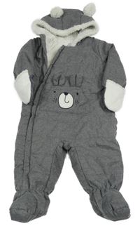 Tmavošedá melírovaná šusťáková zimní kombinéza s medvědem a kapucí C&A