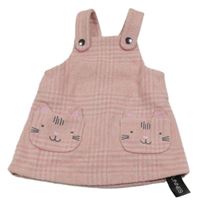 Nové - Růžovo-šedé kostkované vlněné laclové šaty s kapsami s kočkami Dunnes